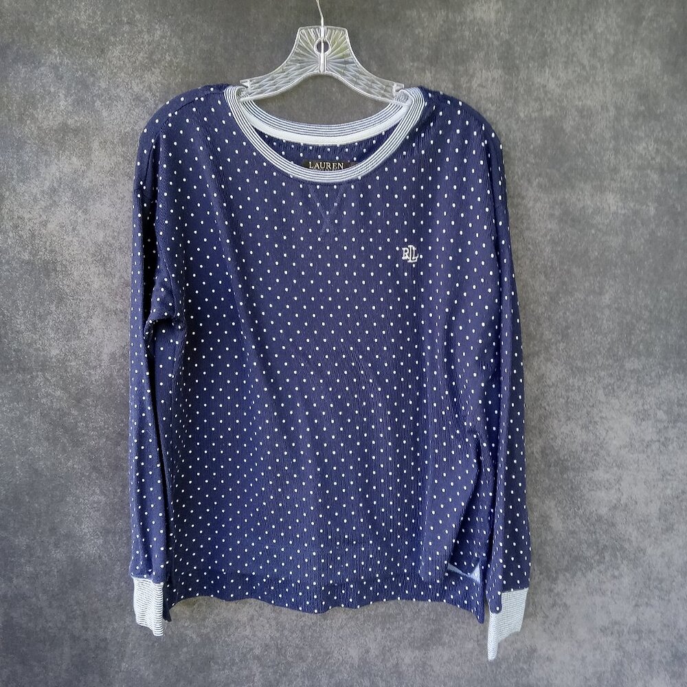 Lauren Ralph Lauren Women's Blue Polka Dot Luxury Logo Top/Pajama Top Size M